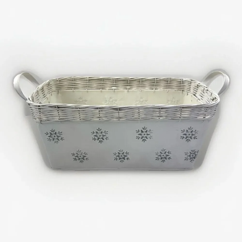 Wicker Woven Metal White Basket With Handles And Snowflakes